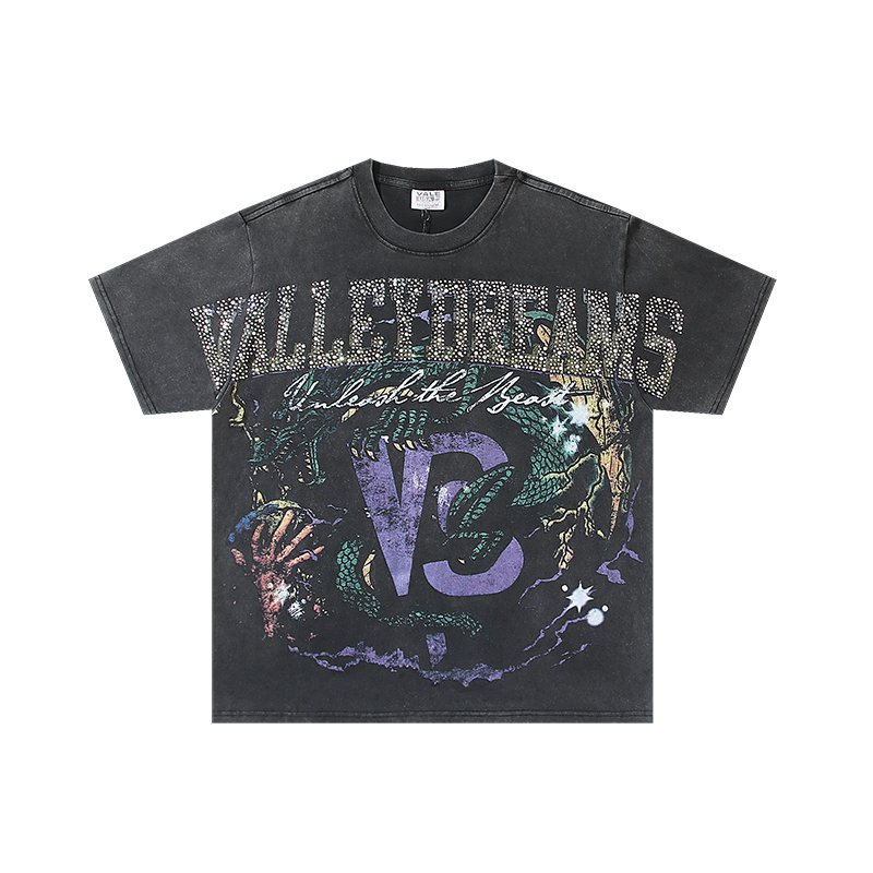 VALE USA Rhinestone Graphic Washed Black T-Shirt