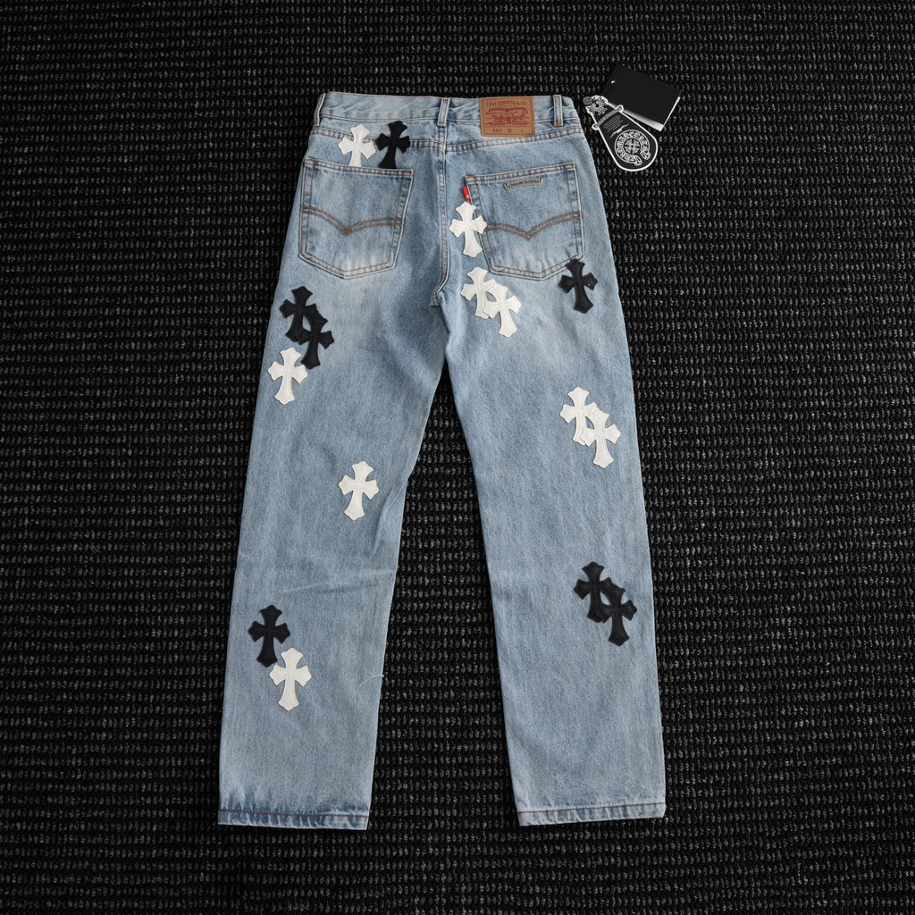 Chrome Hearts Light Blue Cross Patch Jeans