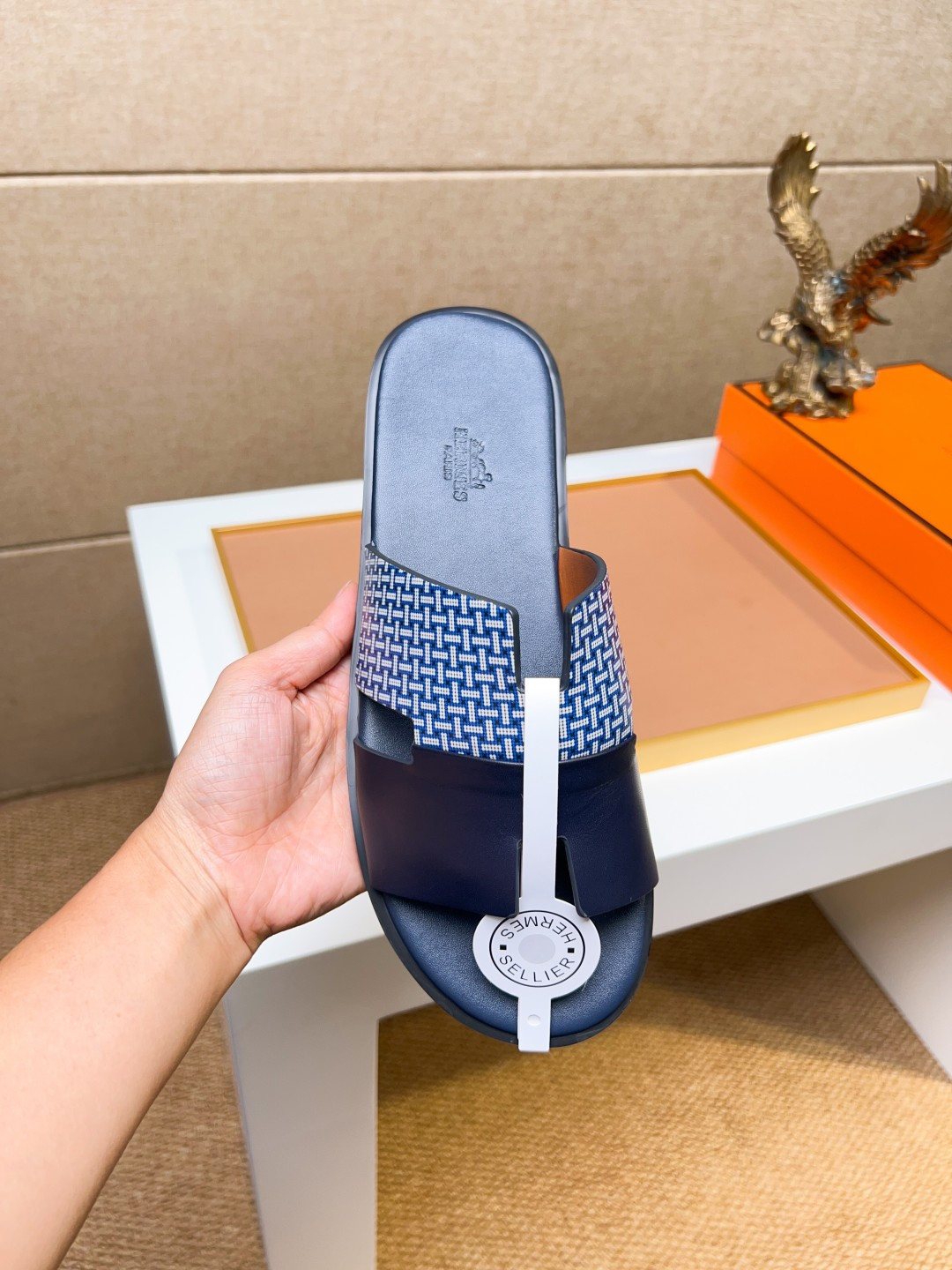 Hermès Blue Patterned H Slide Sandals